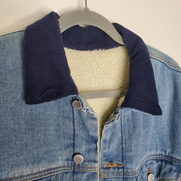 Brandy Melville John Galt Blue Medium Wash Corduroy Collar Sherpa Denim Jacket - Picture 5 of 9